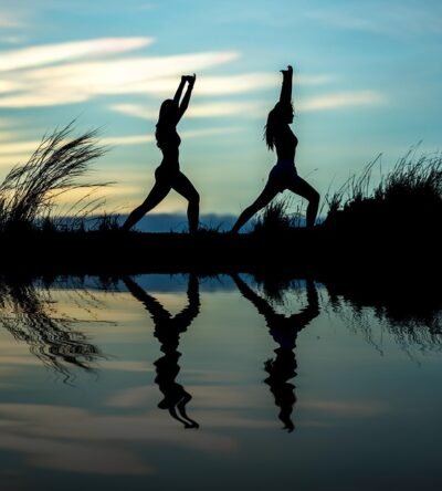 women, yoga, silhouettes, water, reflection, nature, mirroring, water reflection, pose, posing, yoga pose, meditation, stretching, wellness, well-being, exercise, adults, asia, girls, morning, outdoors, pair, people, stance, sunrise, sunset
